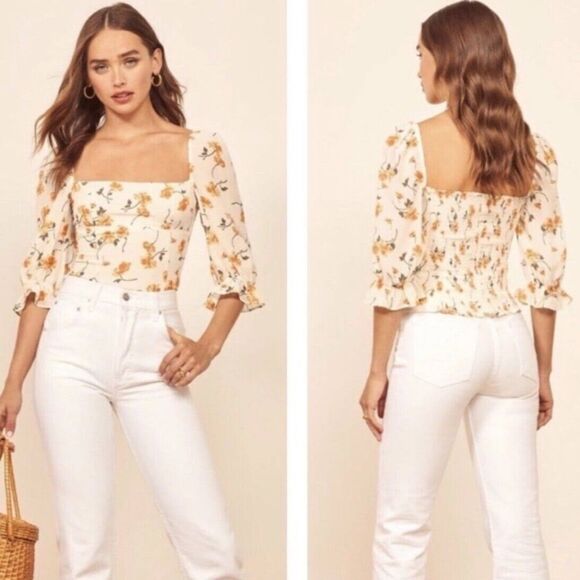 Reformation Georgia Cream Top Blouse Floral Size 10 - Picture 3 of 8